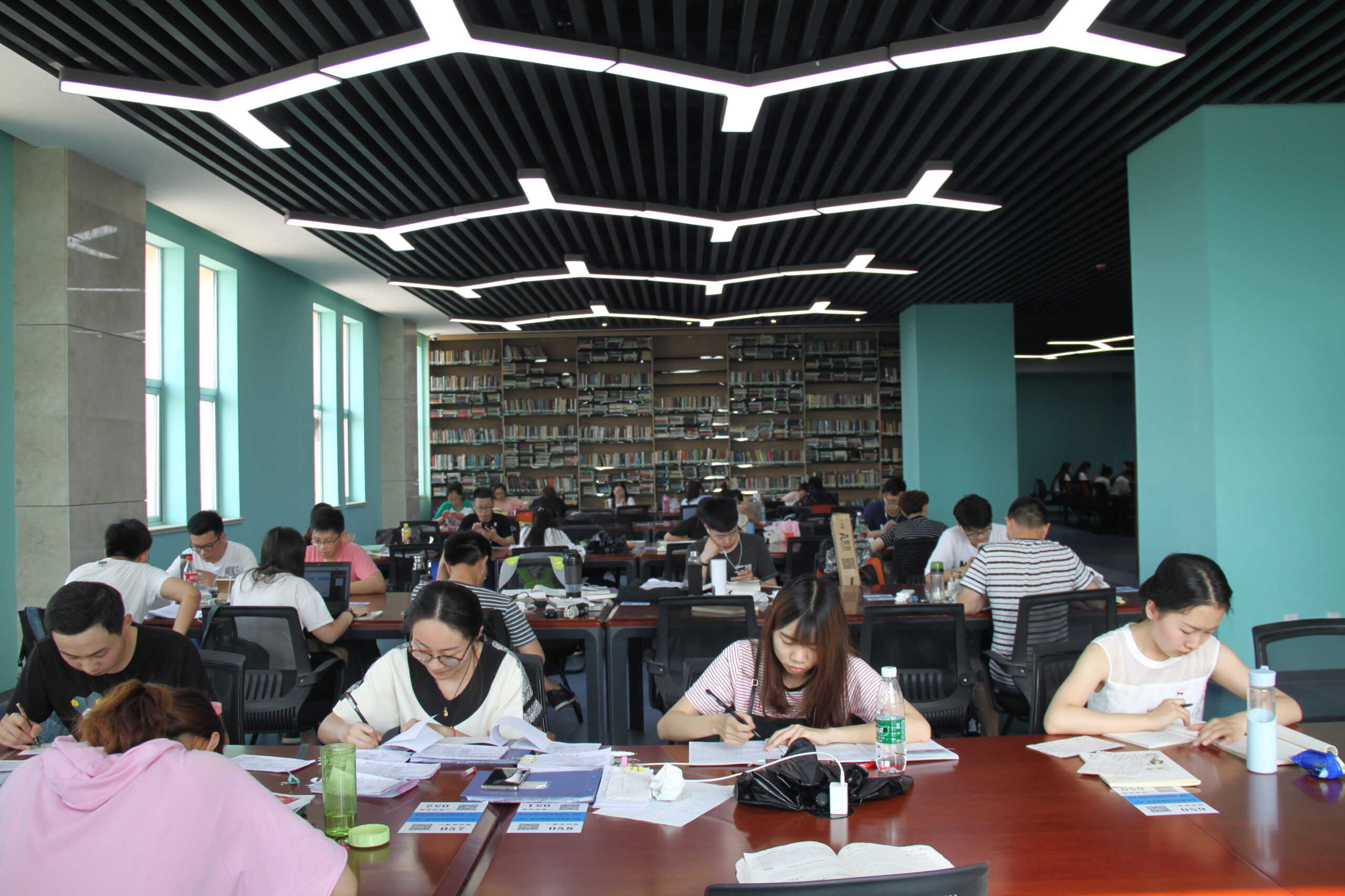 Grupo de estudiantes organizados estudiando en una biblioteca