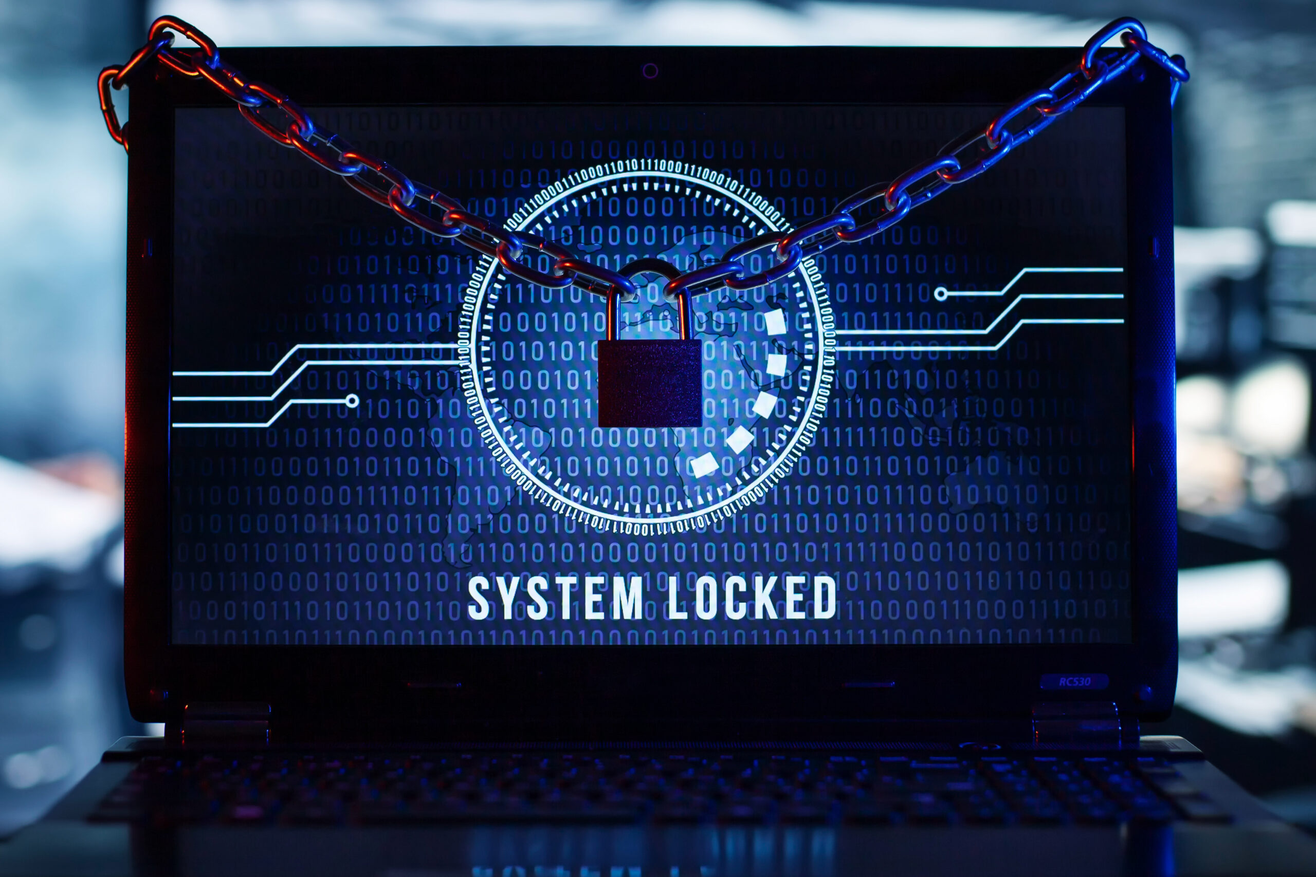 Pantalla de portatil mostrando sistema bloqueado por seguridad